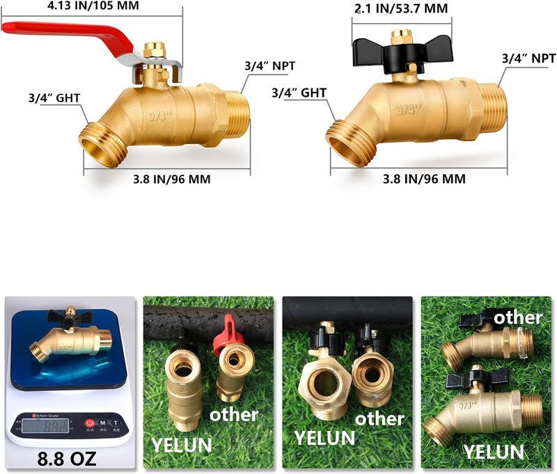 YELUN Brass Ball Valve Full Flow Male Hose Bibb 3/4" Male NPT Inlet Connection with 3/4" GHT Water Hose Outlet Heavy-Brass Faucet for Gardens and patios (Long and Butterfly 2PCS) - Image 2